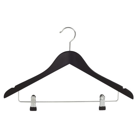 Blusen / Hemdenbügel (gewinkelt) Buchenholz schwarz lackiert mit Rockkerben und anti-rutsch Klammern Blusen / Hemdenbügel (gewinkelt) Buchenholz schwarz lackiert mit Rockkerben und anti-rutsch Klammern