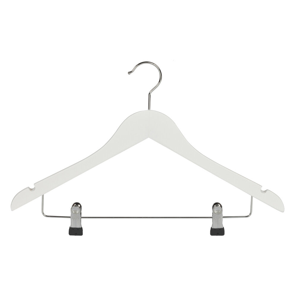 Blusen / Hemdenbügel (gewinkelt) Buchenholz weiß lackiert mit Rockkerben und anti-rutsch Klammern