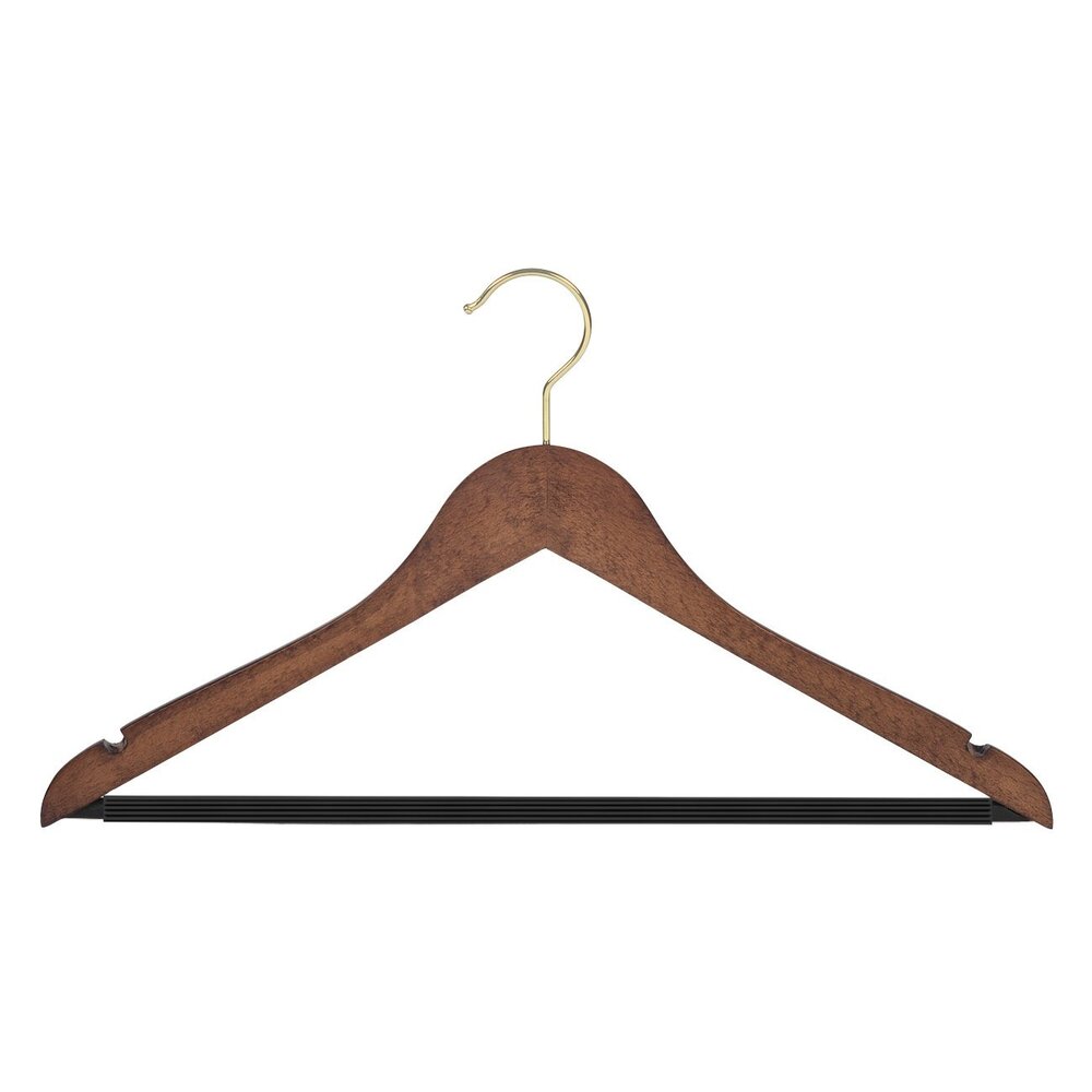 Blusen / Hemdenbügel (gewinkelt) Buchenholz nussbaum gebeizt mit Messinghaken, Rockkerben und anti-rutsch Hosensteg