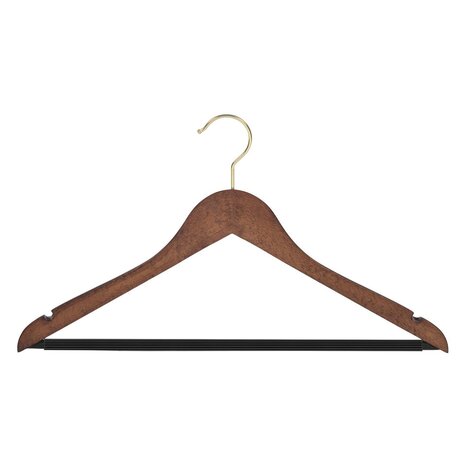 Blusen / Hemdenbügel (gewinkelt) Buchenholz nussbaum gebeizt mit Messinghaken, Rockkerben und anti-rutsch Hosensteg