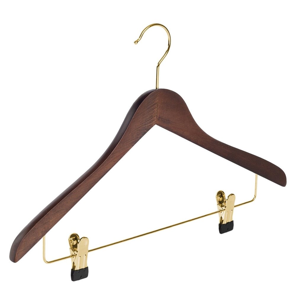 Blusen / Hemdenbügel (gewinkelt) Buchenholz nussbaum gebeizt mit Messinghaken und anti-rutsch Klammern Blusen / Hemdenbügel (gewinkelt) Buchenholz nussbaum gebeizt mit Messinghaken und anti-rutsch Klammern