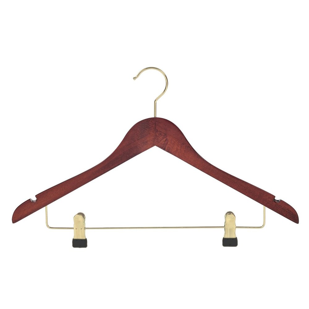 Blusen / Hemdenbügel (gewinkelt) Buchenholz mahagoni gebeizt mit Messinghaken, Rockkerben und anti-rutsch Klammern