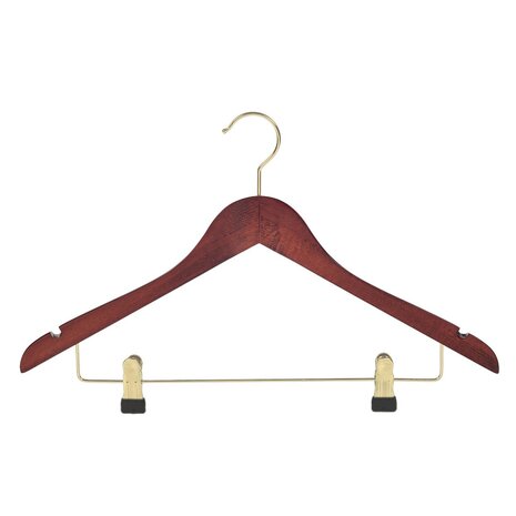 Blusen / Hemdenbügel (gewinkelt) Buchenholz mahagoni gebeizt mit Messinghaken, Rockkerben und anti-rutsch Klammern