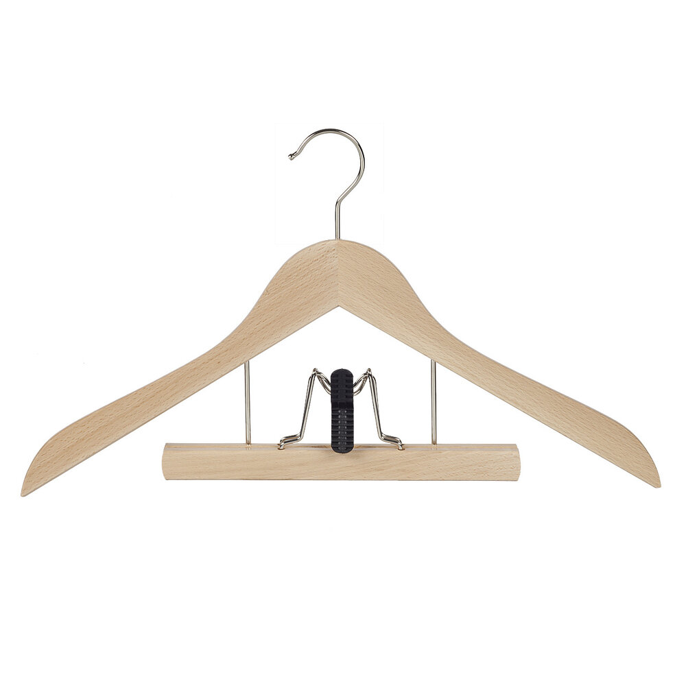 Blusen / Hemdenbügel (gewinkelt) Buchenholz natur lackiert mit Hosenklemme