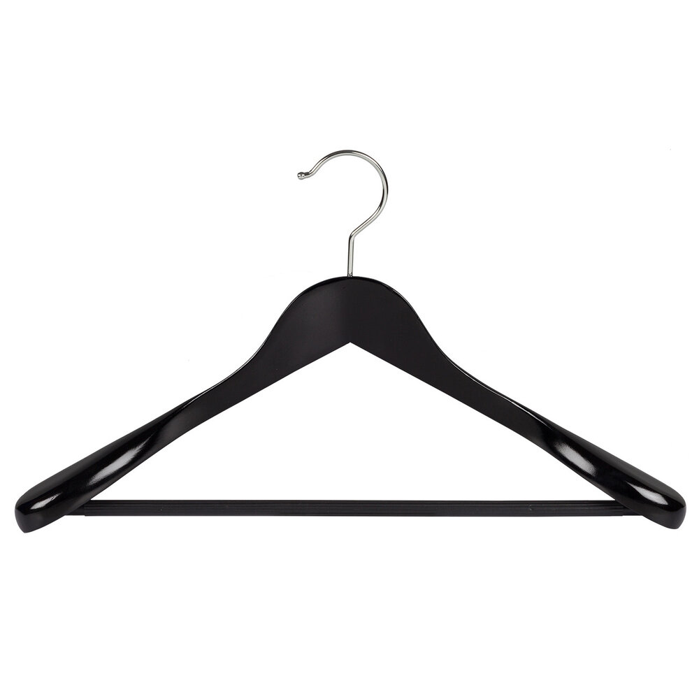 Jacken / Anzugbügel (gewinkelt) Buchenholz schwarz lackiert mit Schulterverbreiterung und anti-rutsch Hosensteg