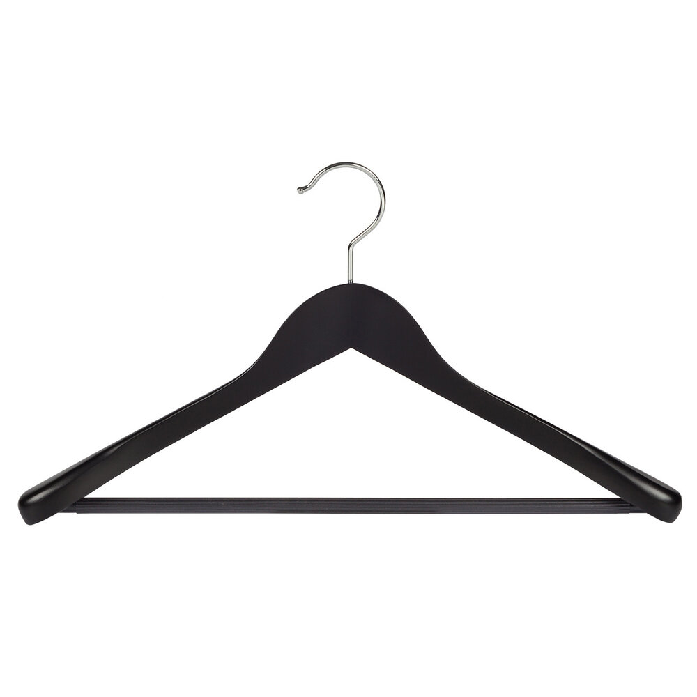 Jacken / Anzugbügel (gewinkelt) Buchenholz schwarz lackiert mit Schulterverbreiterung und anti-rutsch Hosensteg Jacken / Anzugbügel (gewinkelt) Buchenholz schwarz lackiert mit Schulterverbreiterung und anti-rutsch Hosensteg