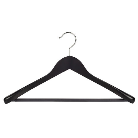 Jacken / Anzugbügel (gewinkelt) Buchenholz schwarz lackiert mit Schulterverbreiterung und anti-rutsch Hosensteg Jacken / Anzugbügel (gewinkelt) Buchenholz schwarz lackiert mit Schulterverbreiterung und anti-rutsch Hosensteg