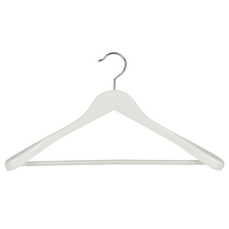 Jacken / Anzugbügel (gewinkelt) Buchenholz weiß lackiert mit Schulterverbreiterung und anti-rutsch Hosensteg