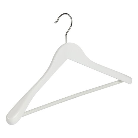 Jacken / Anzugbügel (gewinkelt) Buchenholz weiß lackiert mit Schulterverbreiterung und anti-rutsch Hosensteg Jacken / Anzugbügel (gewinkelt) Buchenholz weiß lackiert mit Schulterverbreiterung und anti-rutsch Hosensteg