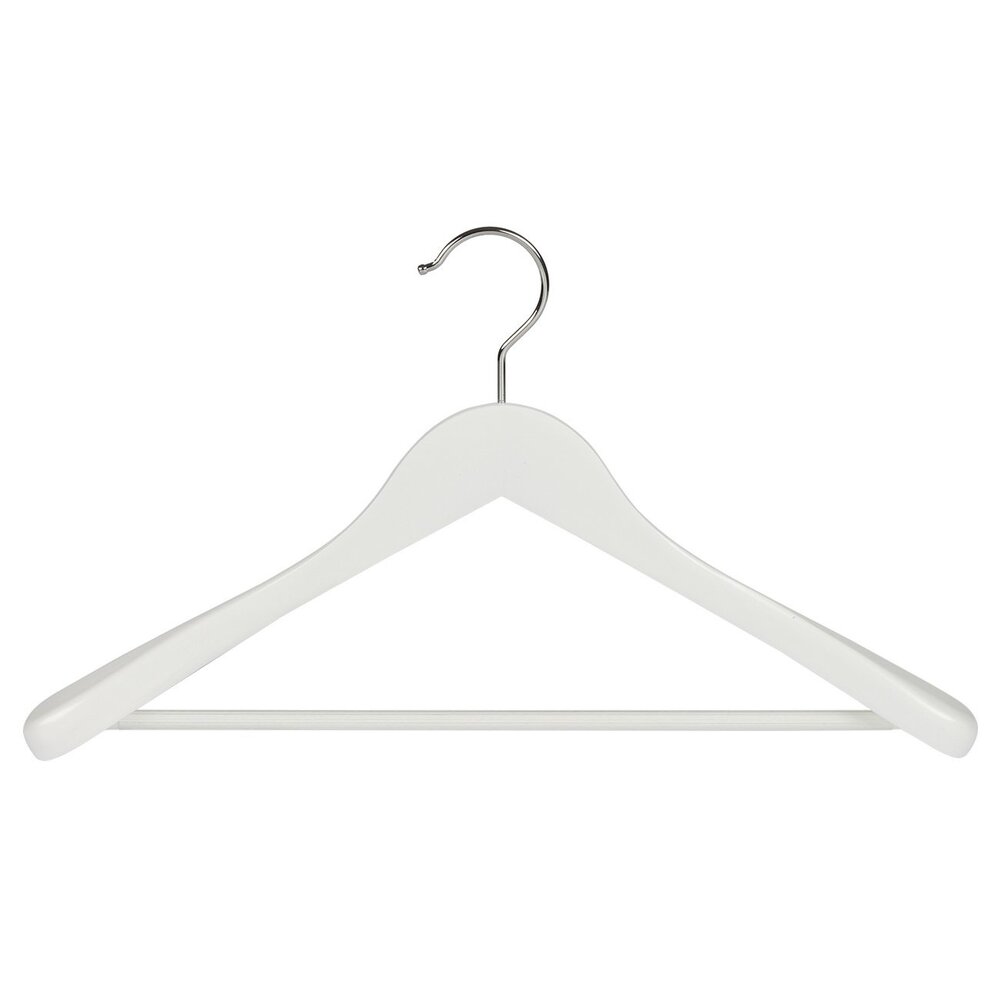 Jacken / Anzugbügel (gewinkelt) Buchenholz weiß lackiert mit Schulterverbreiterung und anti-rutsch Hosensteg Jacken / Anzugbügel (gewinkelt) Buchenholz weiß lackiert mit Schulterverbreiterung und anti-rutsch Hosensteg
