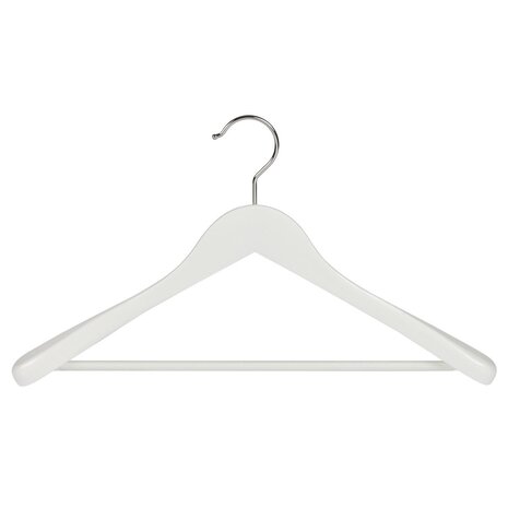Jacken / Anzugbügel (gewinkelt) Buchenholz weiß lackiert mit Schulterverbreiterung und anti-rutsch Hosensteg Jacken / Anzugbügel (gewinkelt) Buchenholz weiß lackiert mit Schulterverbreiterung und anti-rutsch Hosensteg