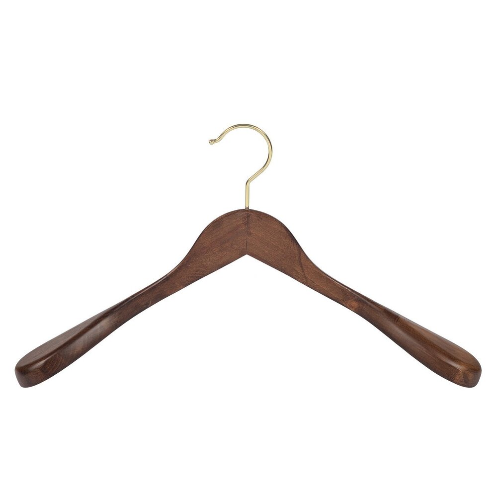 Jacken / Anzugbügel (gewinkelt) Buchenholz nussbaum gebeizt mit Messinghaken und Schulterverbreiterung