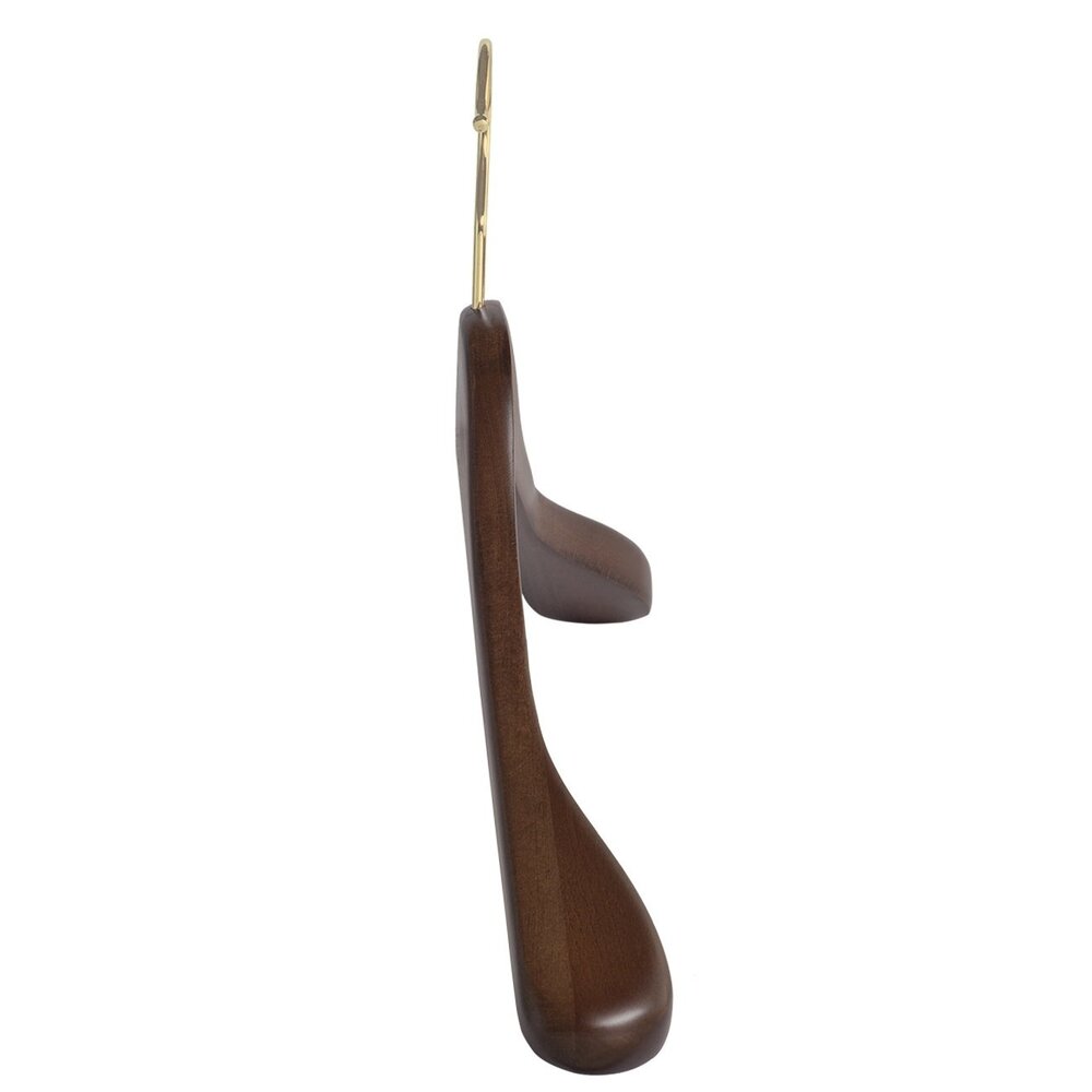 Jacken / Anzugbügel (gewinkelt) nussbaum gebeizt mit Messinghaken und Schulterverbreiterung