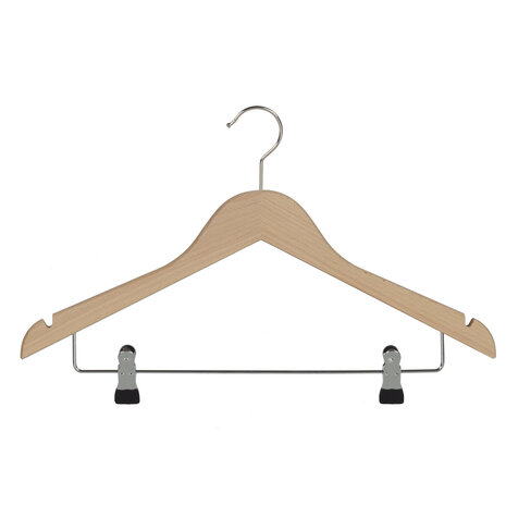 Blusen / Hemdenbügel (flach) Buchenholz natur lackiert mit Rockkerben und anti-rutsch Klammern