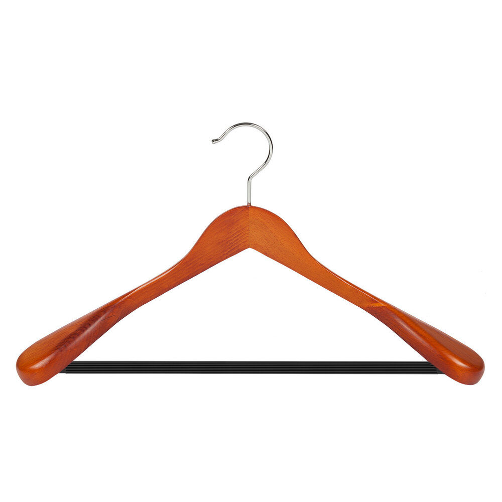 Jacken / Anzugbügel (gewinkelt) kirsch gebeizt mit Schulterverbreiterung und anti-rutsch Hosensteg Jacken / Anzugbügel (gewinkelt) kirsch gebeizt mit Schulterverbreiterung und anti-rutsch Hosensteg