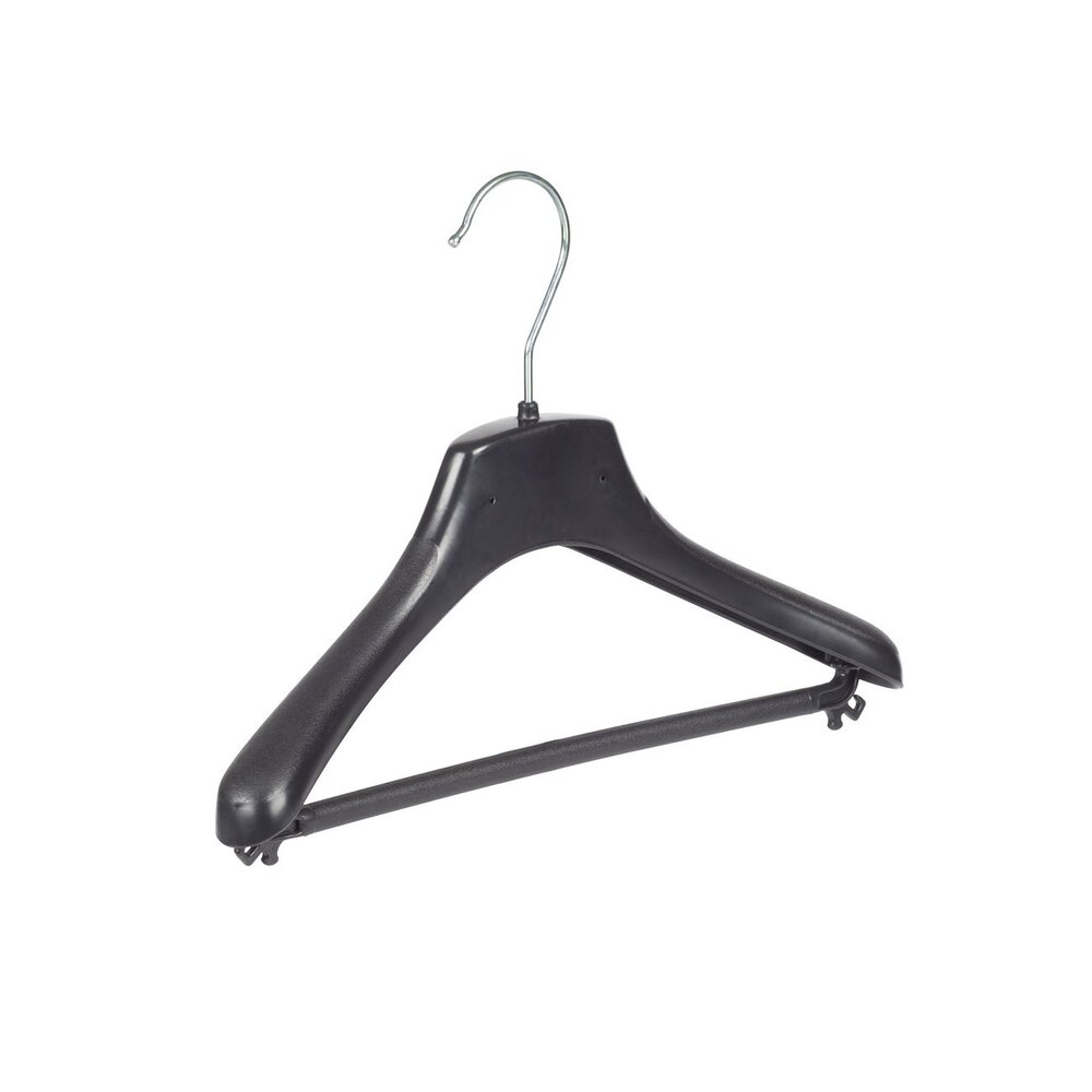 Jacken / Anzugbügel (gebogen) Kunststoff schwarz mit Schulterverbreiterung und Hosensteg Jacken / Anzugbügel (gebogen) Kunststoff schwarz mit Schulterverbreiterung und Hosensteg