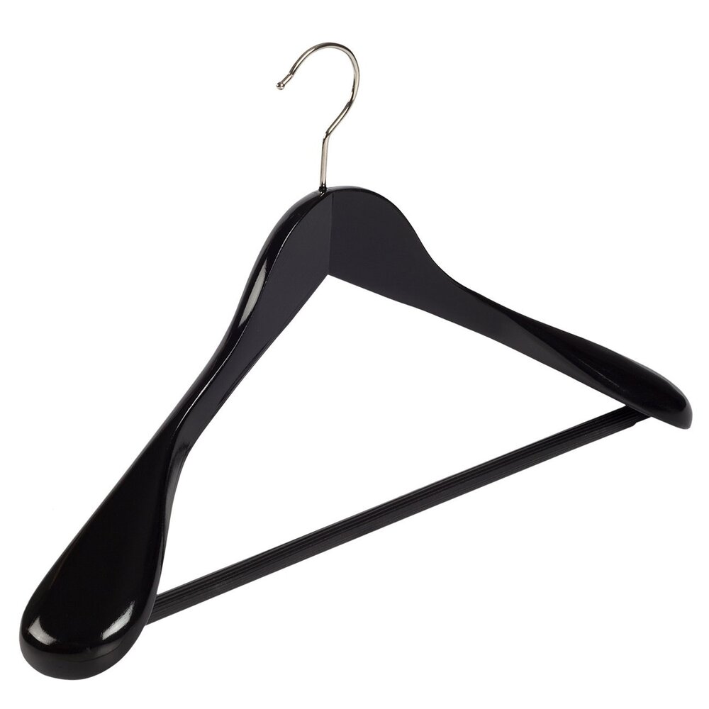 Der Kleiderbügelriese Jacken / Anzugbügel Lotusholz schwarz lackiert mit Schulterverbreiterung und anti-rutsch Hosensteg, 44 cm Der Kleiderbügelriese Jacken / Anzugbügel Lotusholz schwarz lackiert mit Schulterverbreiterung und anti-rutsch Hosensteg, 44 cm