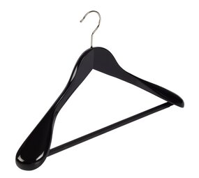 Der Kleiderbügelriese Jacken / Anzugbügel Lotusholz schwarz lackiert mit Schulterverbreiterung und anti-rutsch Hosensteg, 44 cm