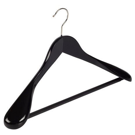 Der Kleiderbügelriese Jacken / Anzugbügel Lotusholz schwarz lackiert mit Schulterverbreiterung und anti-rutsch Hosensteg, 44 cm Der Kleiderbügelriese Jacken / Anzugbügel Lotusholz schwarz lackiert mit Schulterverbreiterung und anti-rutsch Hosensteg, 44 cm
