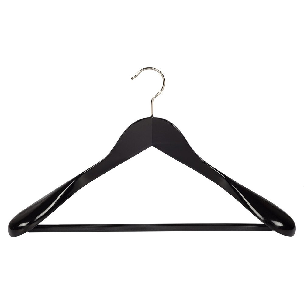 Jacken / Anzugbügel (gewinkelt) Lotusholz schwarz lackiert mit Schulterverbreiterung und anti-rutsch Hosensteg Jacken / Anzugbügel (gewinkelt) Lotusholz schwarz lackiert mit Schulterverbreiterung und anti-rutsch Hosensteg
