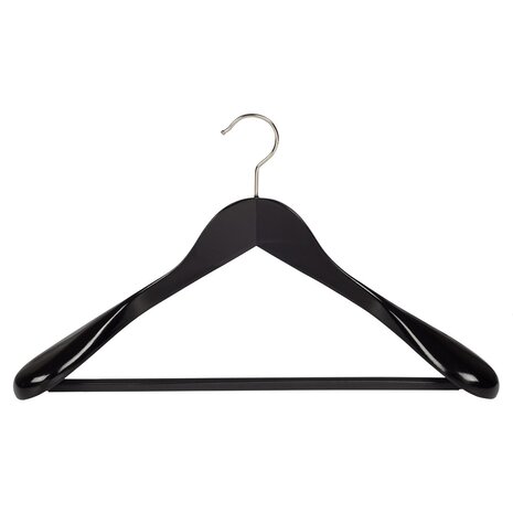 Jacken / Anzugbügel Lotusholz schwarz lackiert mit Schulterverbreiterung und anti-rutsch Hosensteg, 44 cm