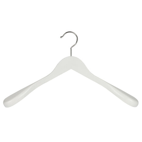 Jacken / Anzugbügel Lotusholz weiß lackiert mit Schulterverbreiterung, 44 cm Jacken / Anzugbügel Lotusholz weiß lackiert mit Schulterverbreiterung, 44 cm