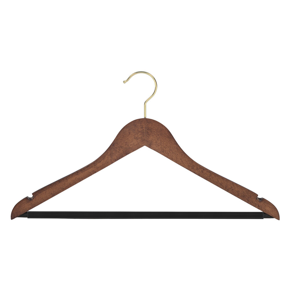 Blusen / Hemdenbügel Buchenholz nussbaum gebeizt mit Messinghaken, Rockkerben und anti-rutsch Hosensteg