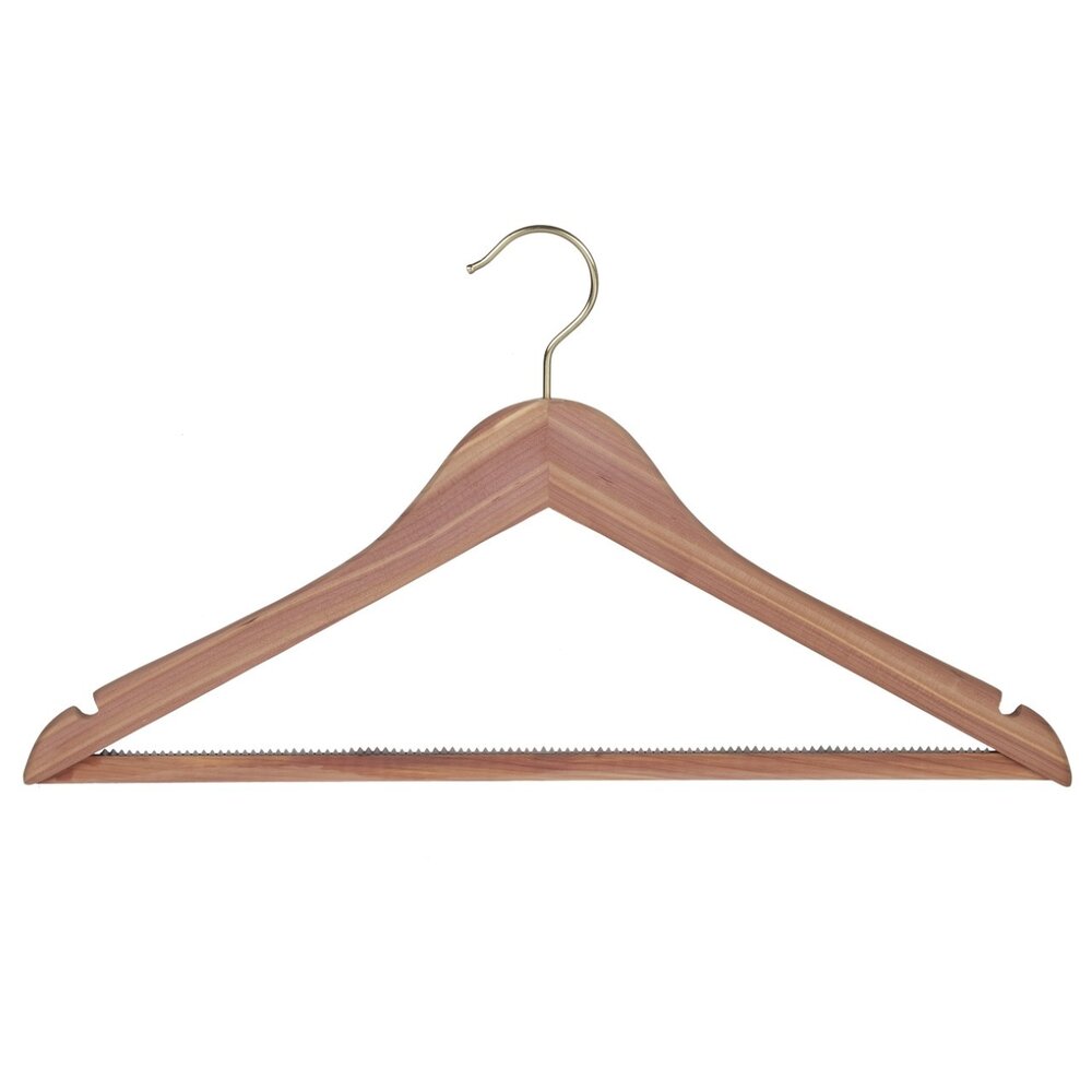 Kleiderbügel Zedernholz unlackiert mit Messinghaken, Rockkerben und anti-rutsch Hosensteg, 45 cm Kleiderbügel Zedernholz unlackiert mit Messinghaken, Rockkerben und anti-rutsch Hosensteg, 45 cm