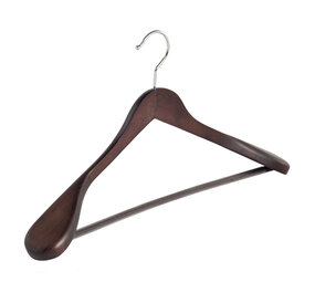 Jacken / Anzugbügel Buchenholz wenge gebeizt mit Schulterverbreiterung und anti-rutsch Hosensteg, 41 cm Jacken / Anzugbügel Buchenholz wenge gebeizt mit Schulterverbreiterung und anti-rutsch Hosensteg, 41 cm