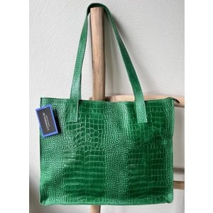 Lundholm Lundholm tas dames schoudertas shopper dames met rits - shopper schooltas groen - echt leer - kroko design | Lundholm Öland serie