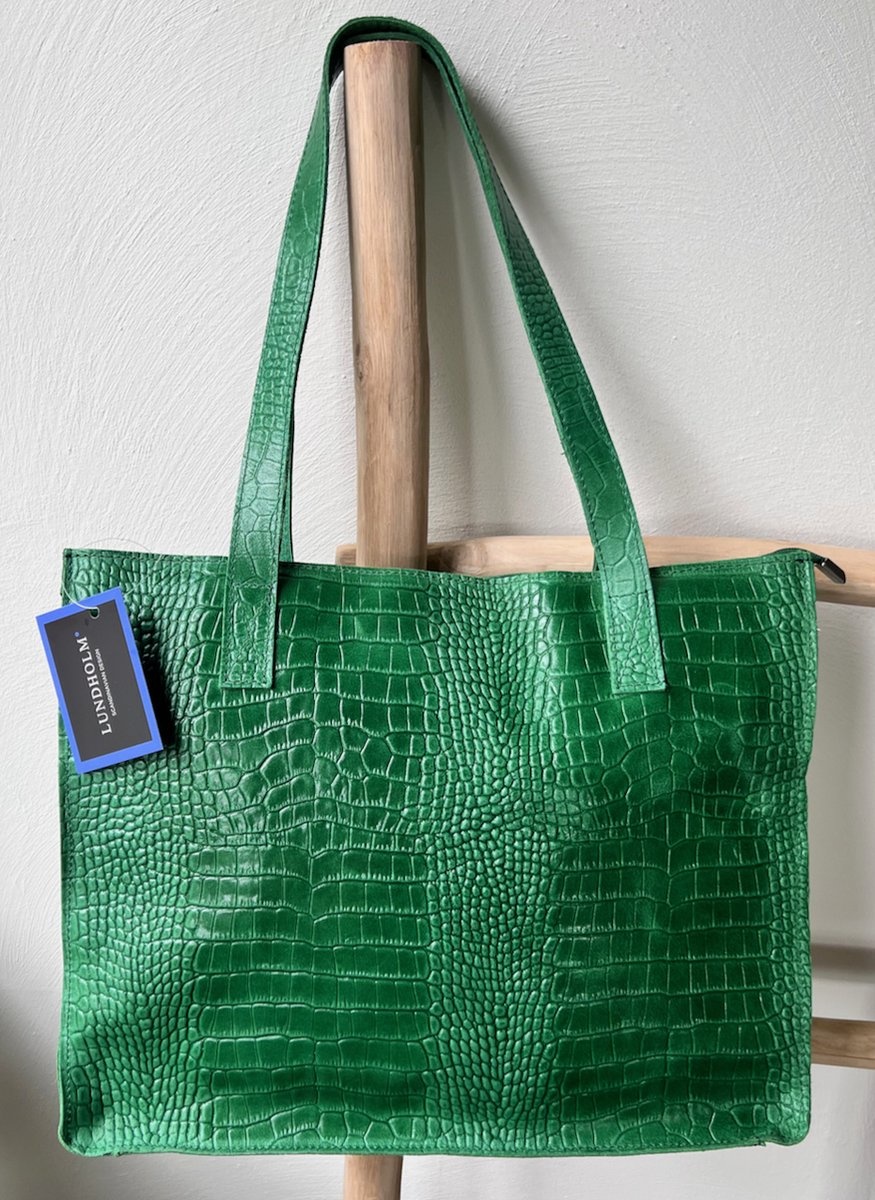 Lundholm tas dames schoudertas shopper dames met rits shopper schooltas groen echt leer kroko design Lundholm land serie