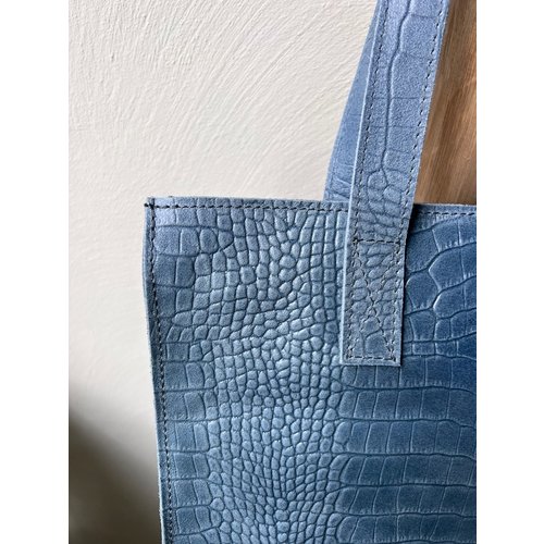 Lundholm Lundholm tas dames schoudertas shopper dames met rits - shopper schooltas blauw - echt leer - kroko design | Lundholm Öland serie