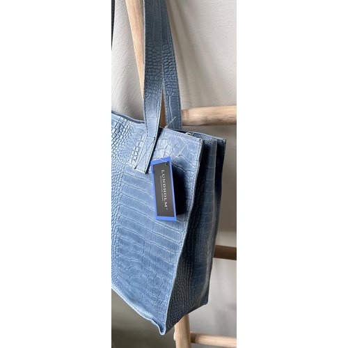 Lundholm Lundholm tas dames schoudertas shopper dames met rits - shopper schooltas blauw - echt leer - kroko design | Lundholm Öland serie