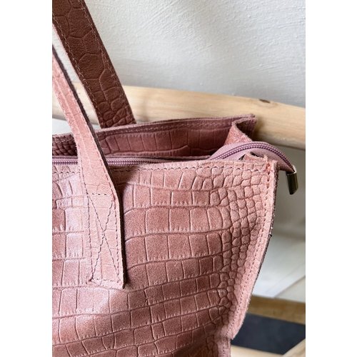 Lundholm Lundholm tas dames schoudertas shopper dames met rits - shopper schooltas zacht roze - echt leer - kroko design | Lundholm Öland serie