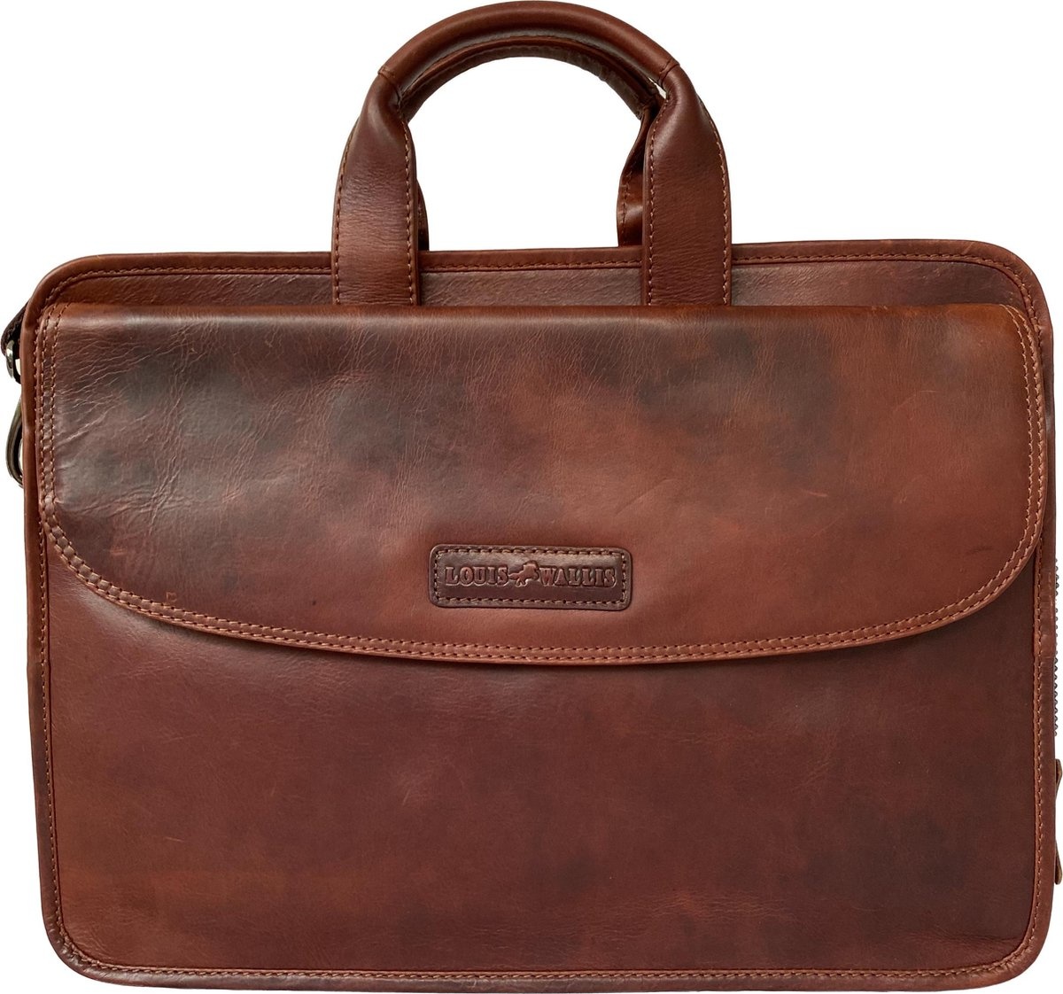 Louis Wallis Laptop tas schoudertas heren met laptopvak leer bruin cognac 13.3 inch - aktetas heren bruin - hoogwaardig leder - Hilten Lederwaren & Cadeaus