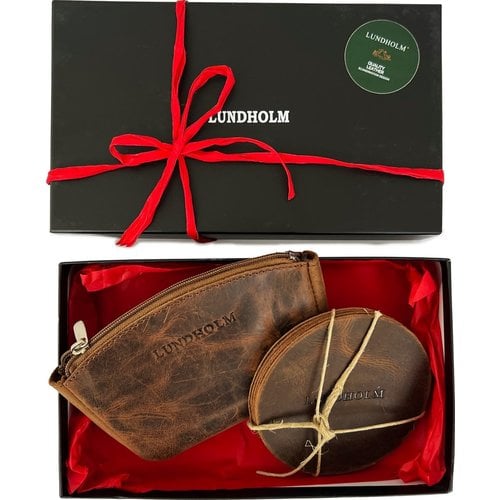 Lundholm Lundholm cadeaupakket mannen heren cadeau set in geschenkverpakking - leren sleuteletui heren en onderzetters voor glazen - cadeau voor man - geschenk pakket mannen cadeautjes