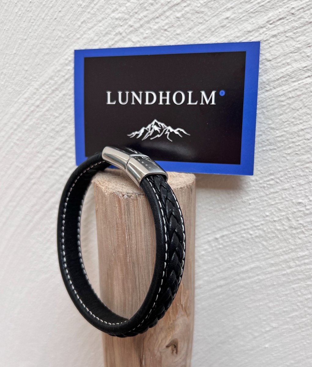 Lundholm Heren armband leer zwart gevlochten patroon armband heren leer cadeau voor man - mannen cadeautjes tip | Lundholm Ystad serie - Hilten Lederwaren & Cadeaus