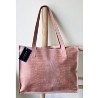 Lundholm tas dames schoudertas shopper dames met rits - shopper schooltas zacht roze - echt leer - kroko design | Lundholm Öland serie