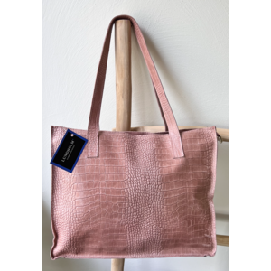 Lundholm Lundholm tas dames schoudertas shopper dames met rits - shopper schooltas zacht roze - echt leer - kroko design | Lundholm Öland serie