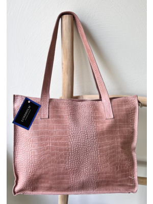 Lundholm Lundholm tas dames schoudertas shopper dames met rits - shopper schooltas zacht roze - echt leer - kroko design | Lundholm Öland serie