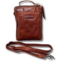 Louis Wallis rugtas dames en heren van topkwaliteit leer in cognac bruin - Geschikt voor tablet