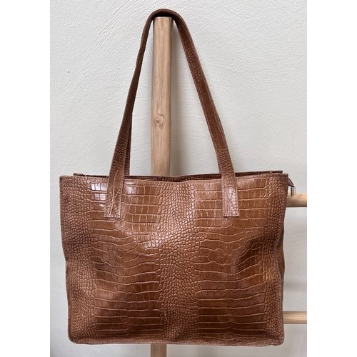 Lundholm Lundholm tas dames schoudertas shopper dames met rits - shopper schooltas zand beige - echt leer - kroko design | Lundholm Öland serie