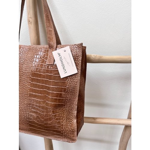 Lundholm Lundholm tas dames schoudertas shopper dames met rits - shopper schooltas zand beige - echt leer - kroko design | Lundholm Öland serie