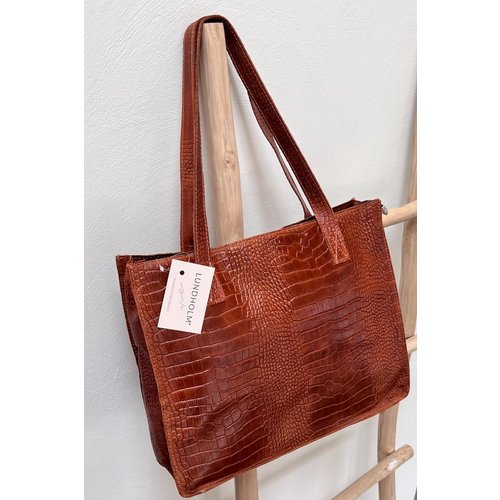 Lundholm Lundholm tas dames schoudertas shopper dames met rits - shopper schooltas cognac bruin - echt leer - kroko design | Lundholm Öland serie