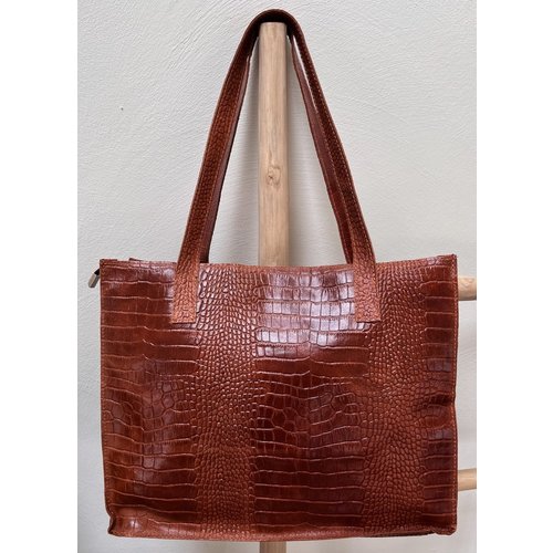 Lundholm Lundholm tas dames schoudertas shopper dames met rits - shopper schooltas cognac bruin - echt leer - kroko design | Lundholm Öland serie