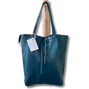 Lundholm Lundholm tas dames schoudertas petrol groen blauw - shopper dames met rits - shopper dames leer - zeer soepel leer - cadeau voor vrouw vrouwen cadeautjes tip | Lundholm Odense serie