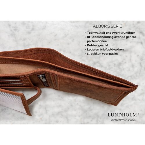 Lundholm Lundholm leren heren portemonnee heren leer cognac RFID anti-skim bescherming - zeer luxe uitgevoerd - cadeau voor man