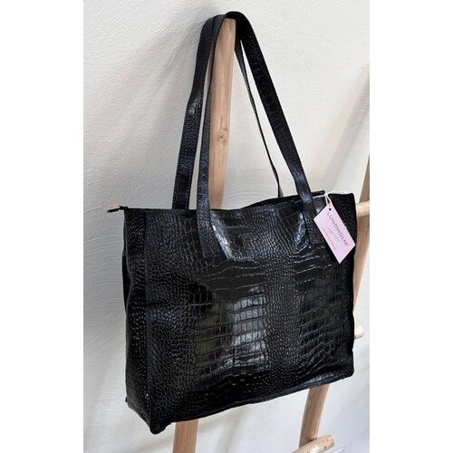 Lundholm Lundholm leren shopper dames schoudertas dames zwart kroko design - vrouwen cadeautjes tip - tassen dames schoudertas | Scandinavisch design - Öland serie