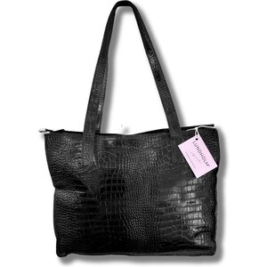 Lundholm Lundholm leren shopper dames schoudertas dames zwart kroko design - vrouwen cadeautjes tip - tassen dames schoudertas | Scandinavisch design - Öland serie