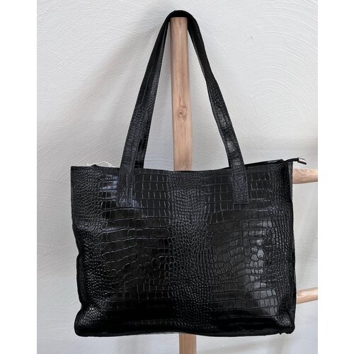Lundholm Lundholm leren shopper dames schoudertas dames zwart kroko design - vrouwen cadeautjes tip - tassen dames schoudertas | Scandinavisch design - Öland serie